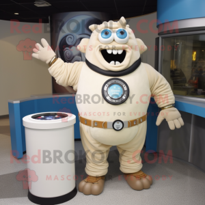 Cream Cyclops mascot costume character dressed with a Sweater and Bracelet watches