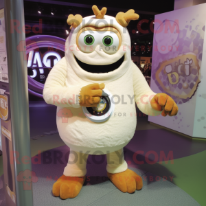 Cream Cyclops mascot costume character dressed with a Sweater and Bracelet watches