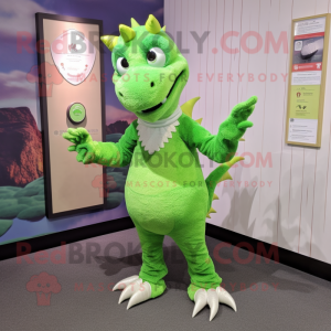 Lime Green Dragon mascot costume character dressed with a Sweater and Lapel pins