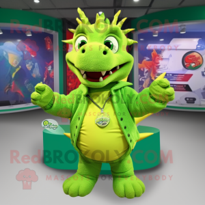 Lime Green Dragon mascot costume character dressed with a Sweater and Lapel pins