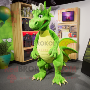 Lime Green Dragon mascot costume character dressed with a Sweater and Lapel pins