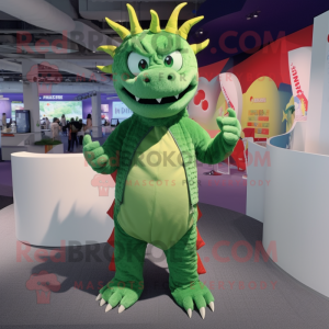 Lime Green Dragon mascot costume character dressed with a Sweater and Lapel pins