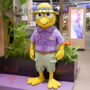 Lavender Canary mascot costume character dressed with a Cargo Pants and Hat pins