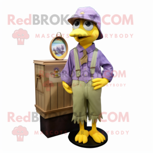 Lavender Canary mascot costume character dressed with a Cargo Pants and Hat pins