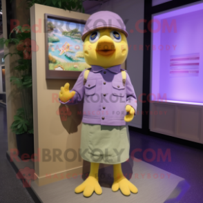 Lavender Canary mascot costume character dressed with a Cargo Pants and Hat pins