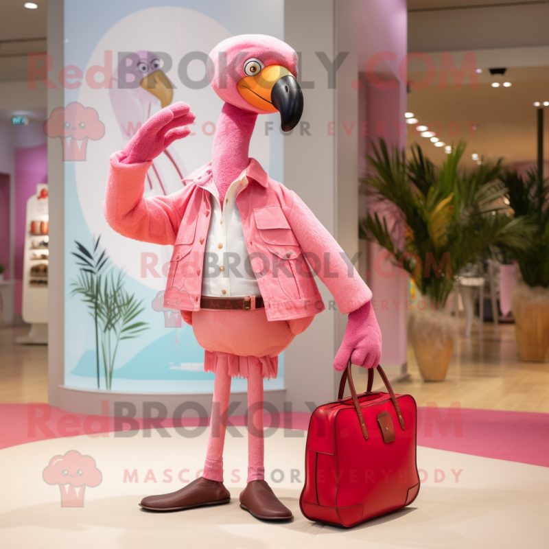 Pink Flamingo mascot costume character dressed with a Chinos and Handbags