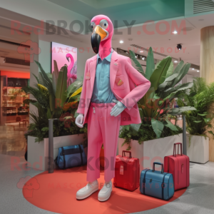 Pink Flamingo mascot costume character dressed with a Chinos and Handbags
