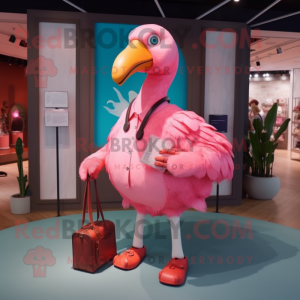 Pink Flamingo mascot costume character dressed with a Chinos and Handbags