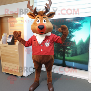 Red Deer mascot costume character dressed with a Playsuit and Cufflinks