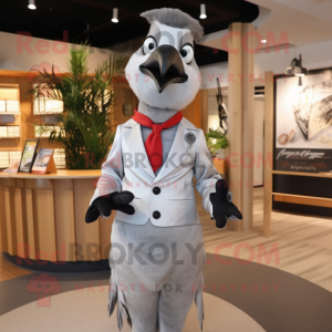 Silver Woodpecker mascot costume character dressed with a Suit and Suspenders