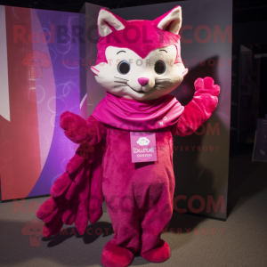 Magenta Cat mascot costume character dressed with a Henley Shirt and Scarves