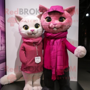 Magenta Cat mascot costume character dressed with a Henley Shirt and Scarves