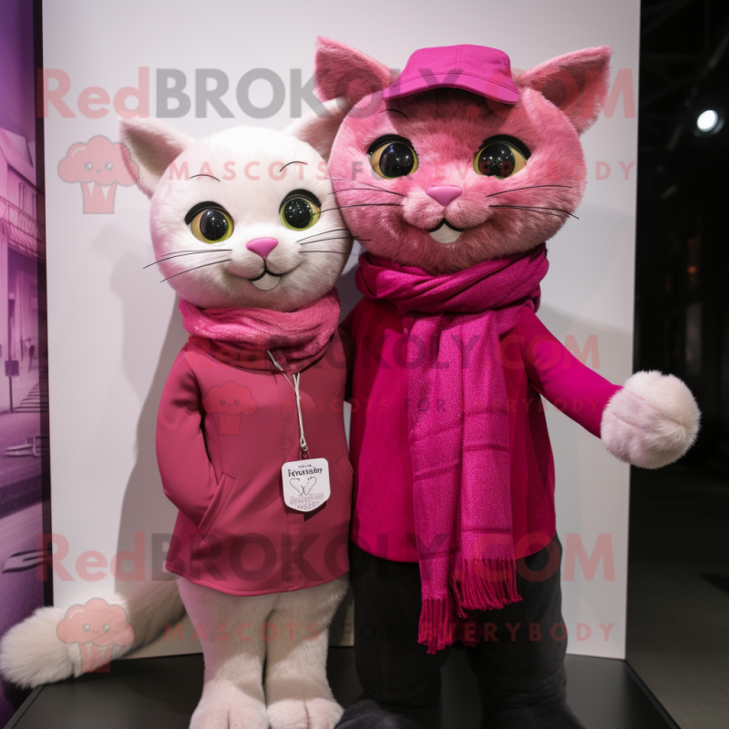 Magenta Cat mascot costume character dressed with a Henley Shirt and Scarves Magenta Cat mascot costume character dressed with a Henley Shirt and Scarves