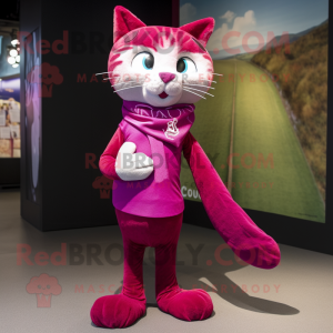 Magenta Cat mascot costume character dressed with a Henley Shirt and Scarves