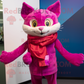 Magenta Cat mascot costume character dressed with a Henley Shirt and Scarves