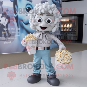Silver Pop Corn mascot costume character dressed with a Poplin Shirt and Handbags