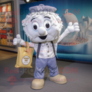 Silver Pop Corn mascot costume character dressed with a Poplin Shirt and Handbags