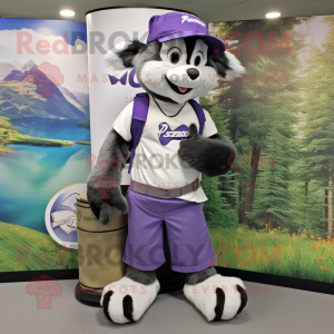Lavender Skunk mascot costume character dressed with a Cargo Shorts and Hat pins