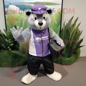 Lavender Skunk mascot costume character dressed with a Cargo Shorts and Hat pins