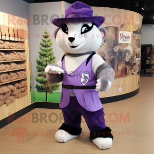 Lavender Skunk mascot costume character dressed with a Cargo Shorts and Hat pins