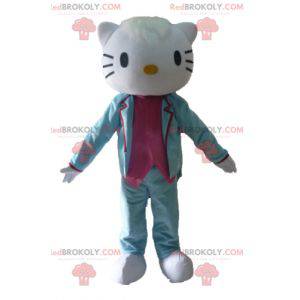 Mascote da Hello Kitty vestida com fantasia azul e rosa -