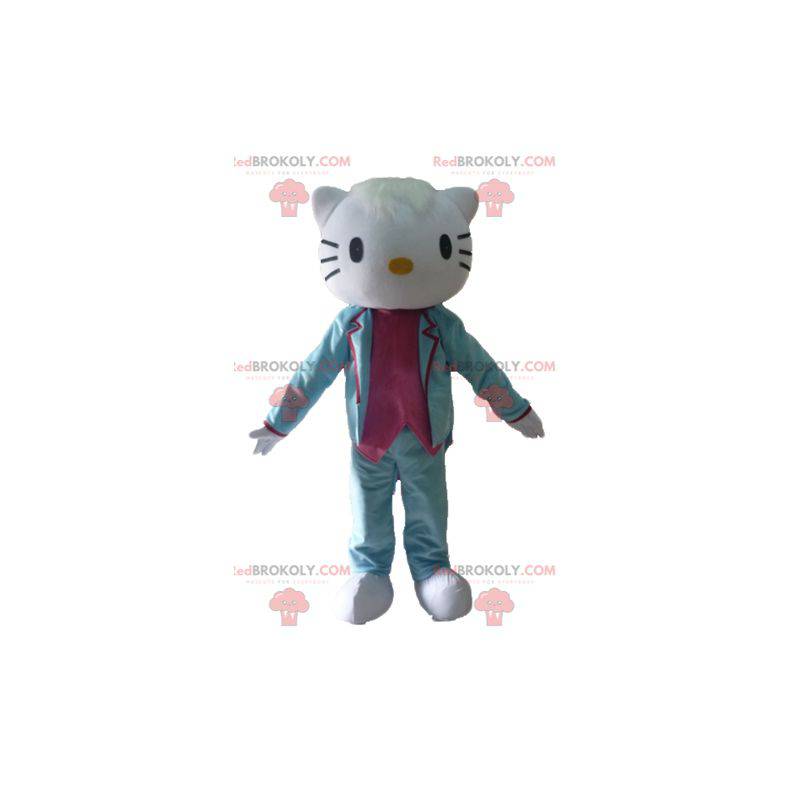 Mascote da Hello Kitty vestida com fantasia azul e rosa -