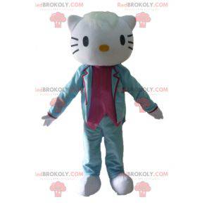 Mascota de Hello Kitty vestida con traje azul y rosa -