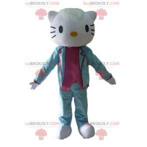 Mascotte Hello Kitty habillée en costume bleu et rose -