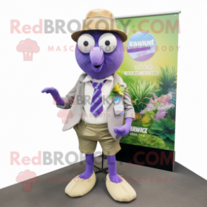 Lavender Kiwi mascot costume character dressed with a Romper and Pocket squares