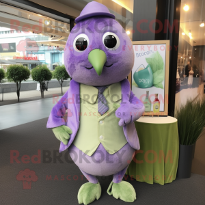 Lavender Kiwi mascot costume character dressed with a Romper and Pocket squares