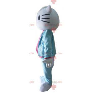 Mascote da Hello Kitty vestida com fantasia azul e rosa -