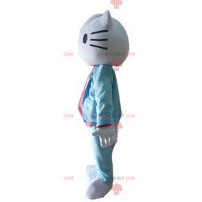 Mascota de Hello Kitty vestida con traje azul y rosa -