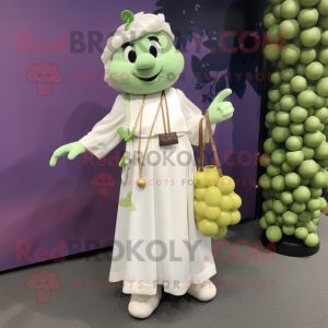 White Grape mascot costume character dressed with a Maxi Dress and Messenger bags
