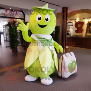 White Grape mascot costume character dressed with a Maxi Dress and Messenger bags
