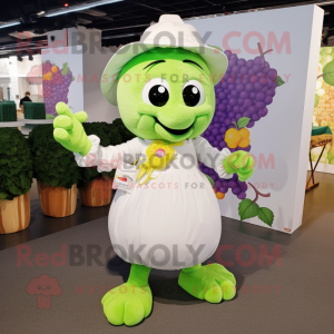 White Grape mascot costume character dressed with a Maxi Dress and Messenger bags