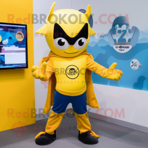 Yellow Superhero mascot costume character dressed with a Hoodie and Hair clips