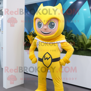 Yellow Superhero mascot costume character dressed with a Hoodie and Hair clips