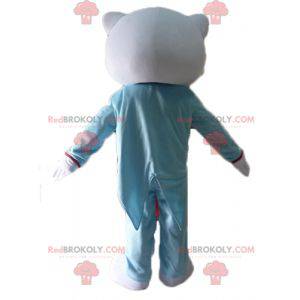 Mascota de Hello Kitty vestida con traje azul y rosa -