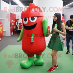 Green Bottle Of Ketchup mascot costume character dressed with a Mini Skirt and Backpacks