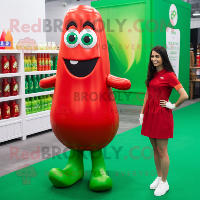 Green Bottle Of Ketchup mascot costume character dressed with a Mini Skirt and Backpacks