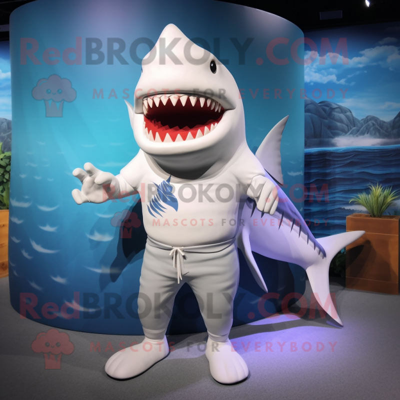 White Megalodon mascot costume character dressed with a Swimwear and Hair clips White Megalodon mascot costume character dressed with a Swimwear and Hair clips