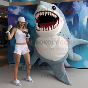 White Megalodon mascot costume character dressed with a Swimwear and Hair clips