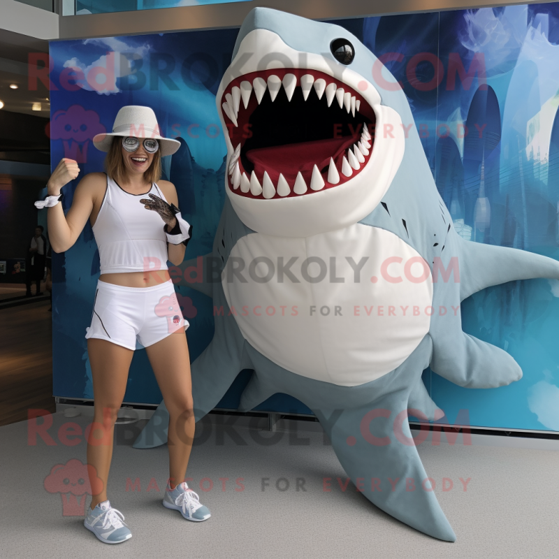White Megalodon mascot costume character dressed with a Swimwear and Hair clips White Megalodon mascot costume character dressed with a Swimwear and Hair clips