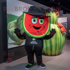 Black Watermelon mascot costume character dressed with a Windbreaker and Suspenders