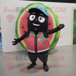 Black Watermelon mascot costume character dressed with a Windbreaker and Suspenders