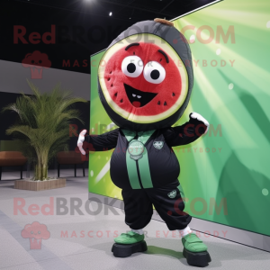 Black Watermelon mascot costume character dressed with a Windbreaker and Suspenders