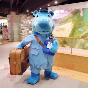 Blue Capybara mascot costume character dressed with a Romper and Messenger bags