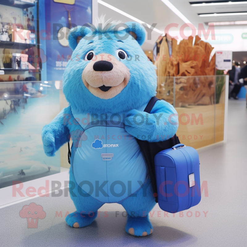 Blue Capybara mascot costume character dressed with a Romper and Messenger bags