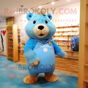 Blue Capybara mascot costume character dressed with a Romper and Messenger bags
