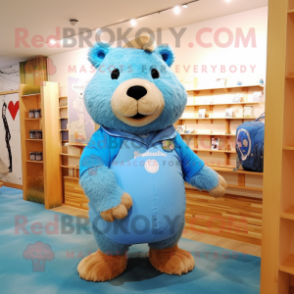 Blue Capybara mascot costume character dressed with a Romper and Messenger bags